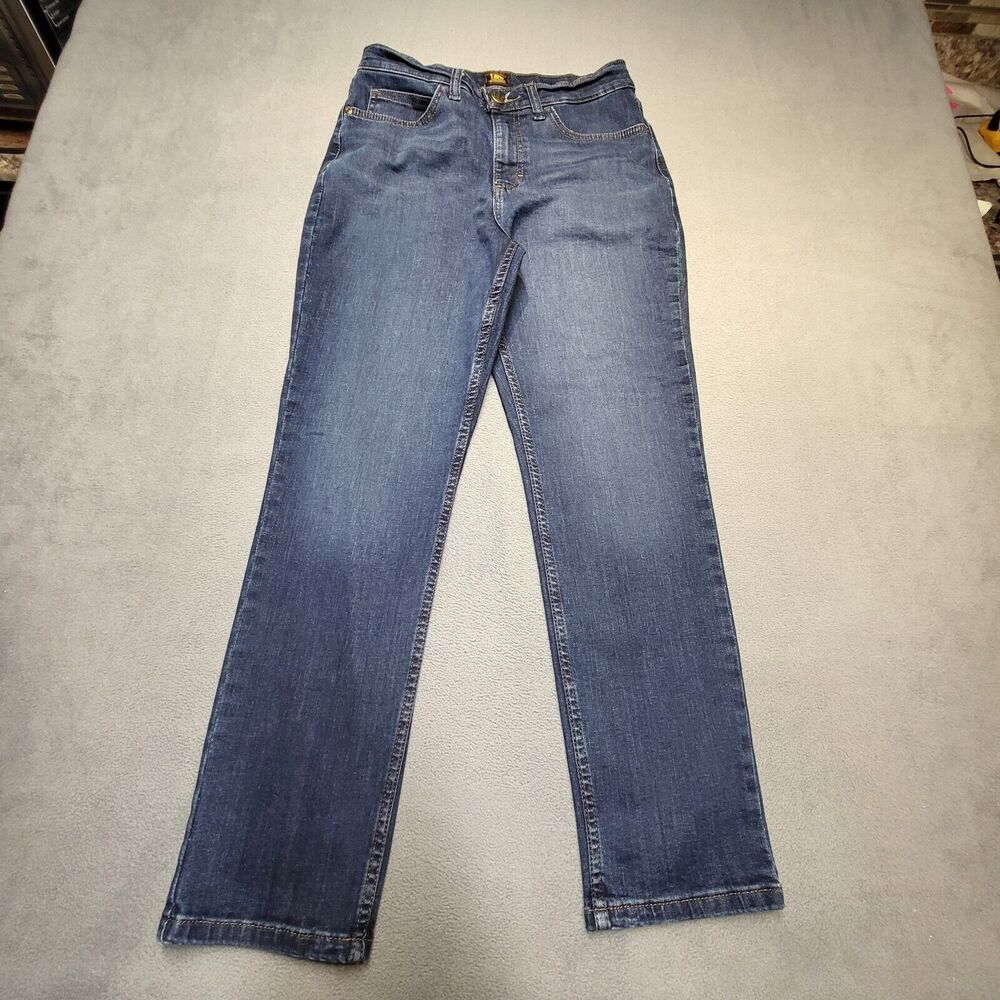 Lee Jeans Womens 10 Blue Classic Fit Straight Leg Distressed Stretch Denim